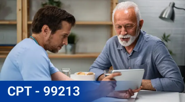 Two men engaged in conversation at a table, focusing on the details of CPT code 99213 related to medical services.